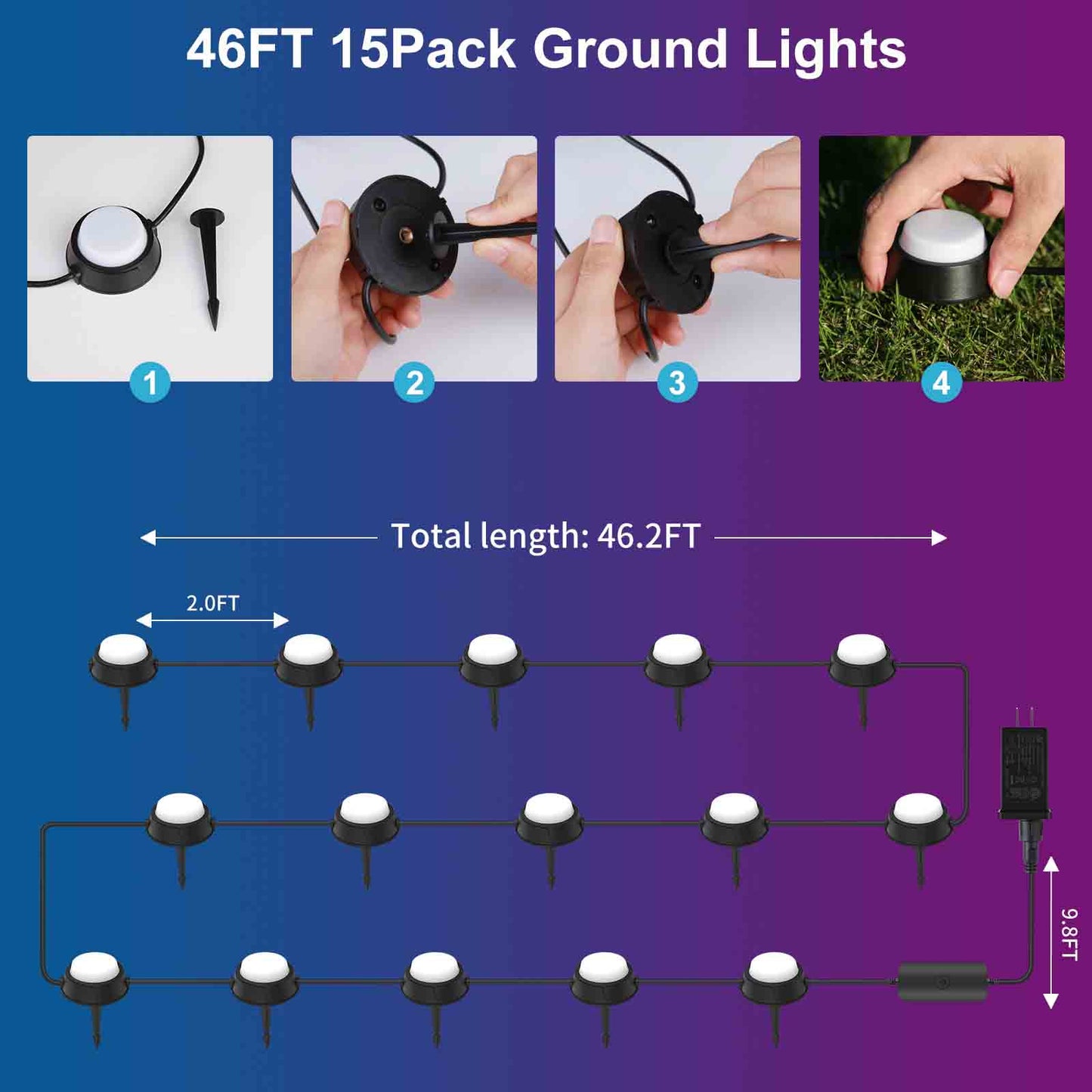 Outdoor Smart Ground Lights 46FT 15PCS/Pack