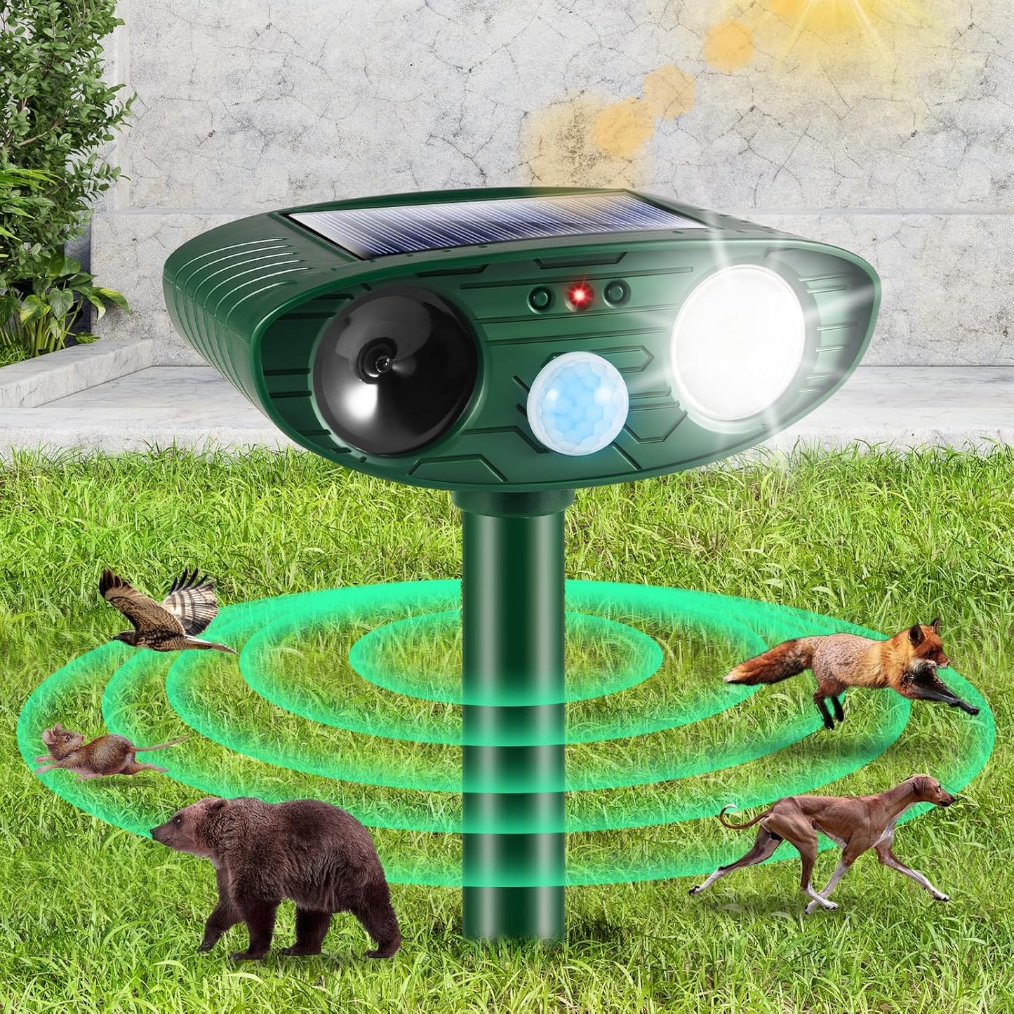 Solar Animal Repellent Ultrasonic Animal Repeller Outdoor Deer Repellent with Motion Detection