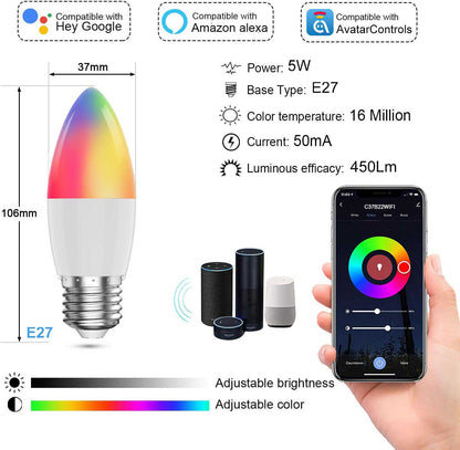 E27 C37 Smart WiFi Candle Bulb RGBCW 5W